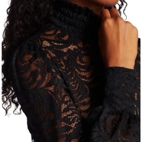 L'Agence Samara Black Sheer Lace Long Sleeve Bell Sleeve Turtleneck Top XS - Picture 7 of 16